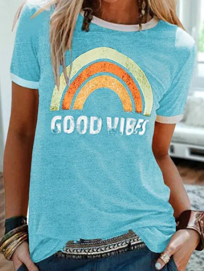 Women Fashion Casual Rainbow Pattern Printed Round Neck Short Sleeve T-Shirt