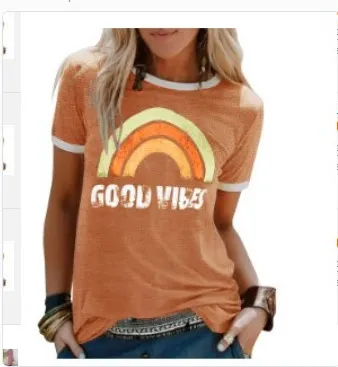 Women Fashion Casual Rainbow Pattern Printed Round Neck Short Sleeve T-Shirt