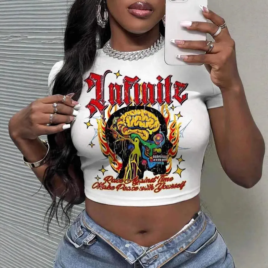 Women Fashion Sexy Printed Slim-Fit Short-Sleeve Crop Top T-Shirt