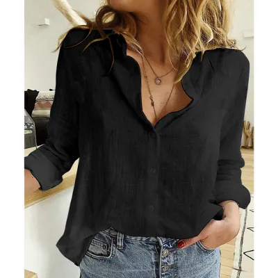 Women Fashion Casual Linen Printed Lapel Long-Sleeve Loose Blouse