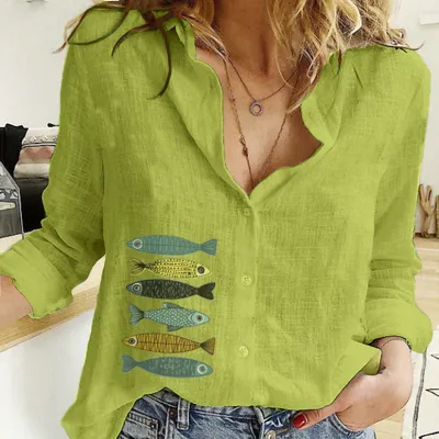 Women Fashion Casual Linen Printed Lapel Long-Sleeve Loose Blouse