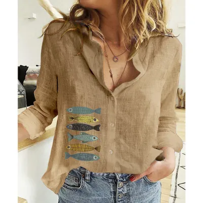 Women Fashion Casual Linen Printed Lapel Long-Sleeve Loose Blouse