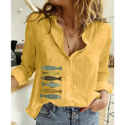 Women Fashion Casual Linen Printed Lapel Long-Sleeve Loose Blouse