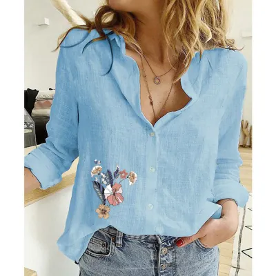 Women Fashion Casual Linen Printed Lapel Long-Sleeve Loose Blouse