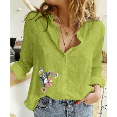 Women Fashion Casual Linen Printed Lapel Long-Sleeve Loose Blouse