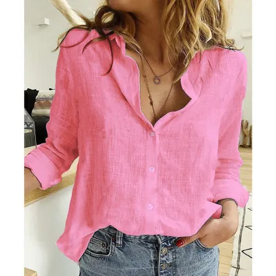 Women Fashion Casual Linen Printed Lapel Long-Sleeve Loose Blouse