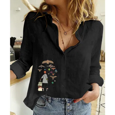 Women Fashion Casual Linen Printed Lapel Long-Sleeve Loose Blouse