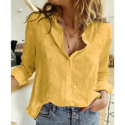 Women Fashion Casual Linen Printed Lapel Long-Sleeve Loose Blouse