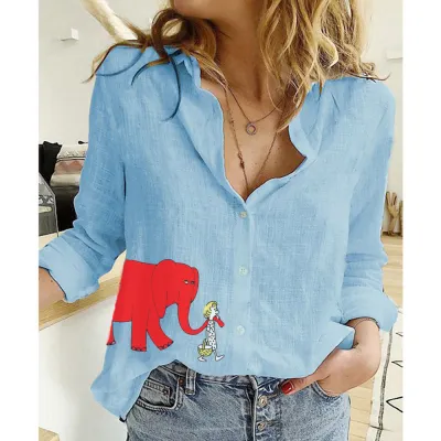 Women Fashion Casual Linen Printed Lapel Long-Sleeve Loose Blouse