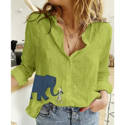 Women Fashion Casual Linen Printed Lapel Long-Sleeve Loose Blouse