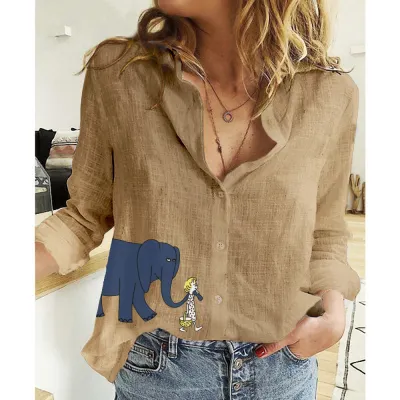 Women Fashion Casual Linen Printed Lapel Long-Sleeve Loose Blouse