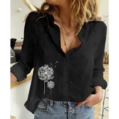 Women Fashion Casual Linen Printed Lapel Long-Sleeve Loose Blouse