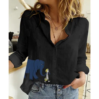 Women Fashion Casual Linen Printed Lapel Long-Sleeve Loose Blouse