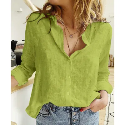Women Fashion Casual Linen Printed Lapel Long-Sleeve Loose Blouse