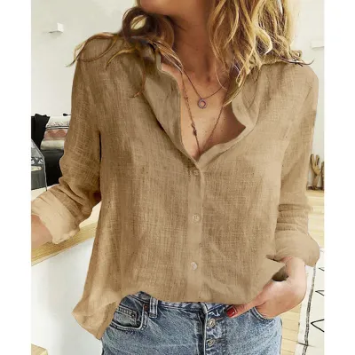 Women Fashion Casual Linen Printed Lapel Long-Sleeve Loose Blouse