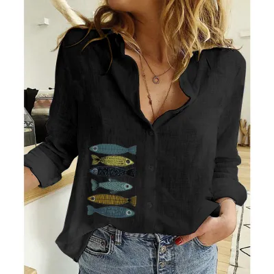 Women Fashion Casual Linen Printed Lapel Long-Sleeve Loose Blouse