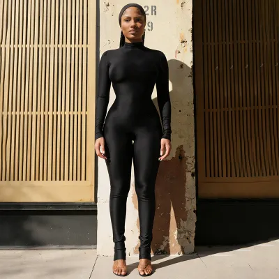 Women Fashion Sexy Solid Color Half-High Collar Long-Sleeve Zipper Stretch Slim-Fit Jumpsuits