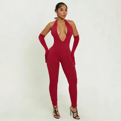 Women Fashion Sexy Solid Color Halter-Neck Backless Jumpsuits