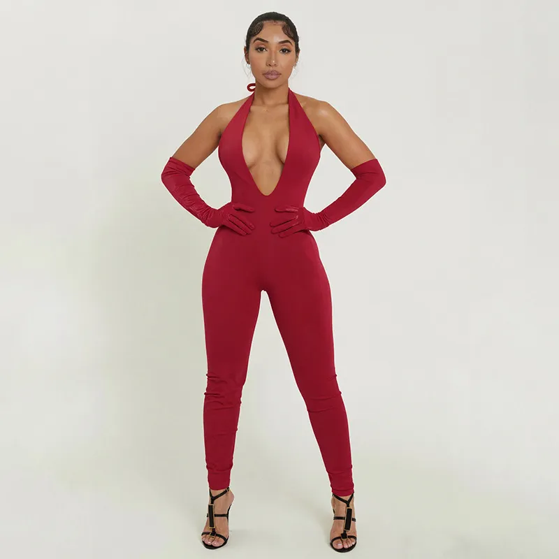 Women Fashion Sexy Solid Color Halter-Neck Backless Jumpsuits
