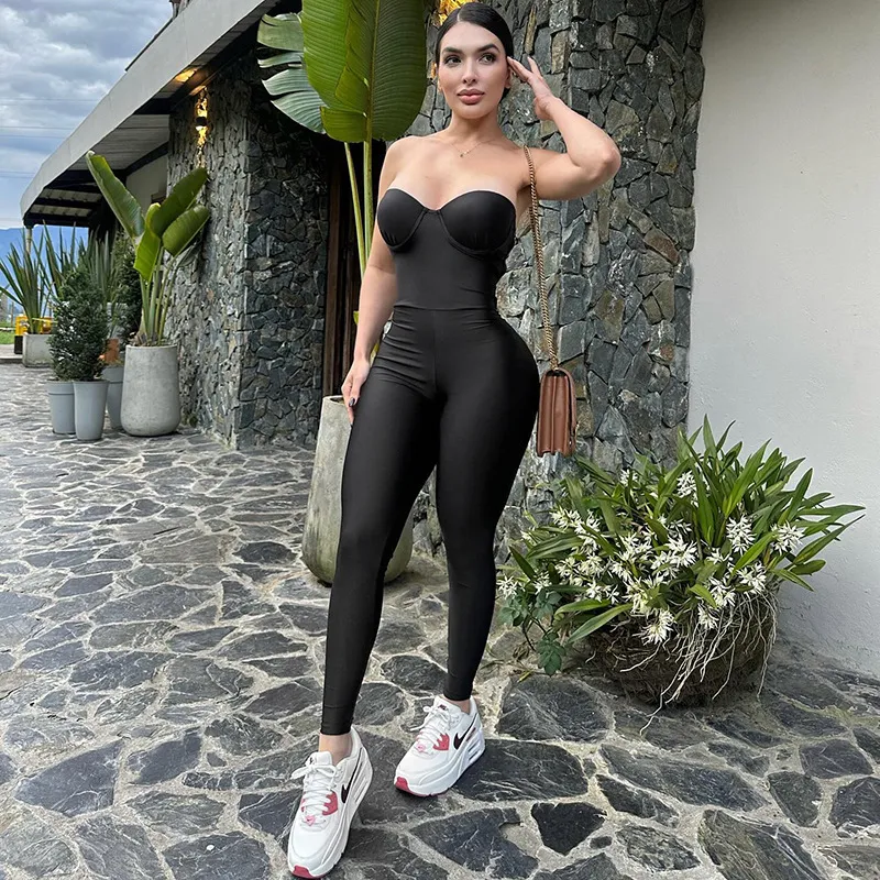 Women Fashion Sexy Solid Color Tube Top Tight Jumpsuits