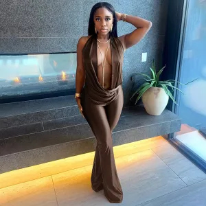 Women Fashion Sexy Solid Color Hollow-Out Fake Two-Piece Halter-Neck Backless Jumpsuits