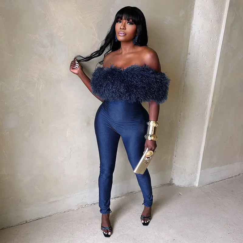Women Fashion Sexy Solid Color Fur Collar Stitching One-Shoulder Sleeveless Stretch Jumpsuits