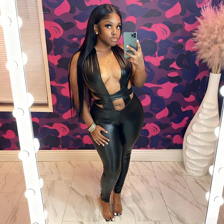 Women Fashion Sexy Solid Color Leather Backless Lace-Up Jumpsuit