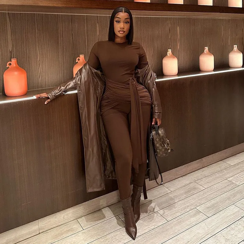 Women Fashion Sexy Solid Color Long-Sleeve Long Strap Split Jumpsuit
