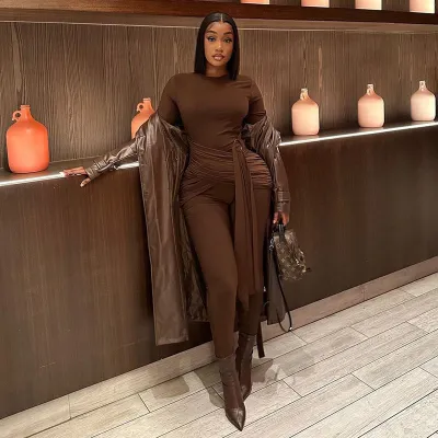 Women Fashion Sexy Solid Color Long-Sleeve Long Strap Split Jumpsuit