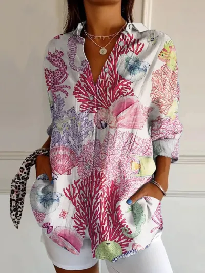 Women Fashion Casual Printed Lapel Long-Sleeve Blouse