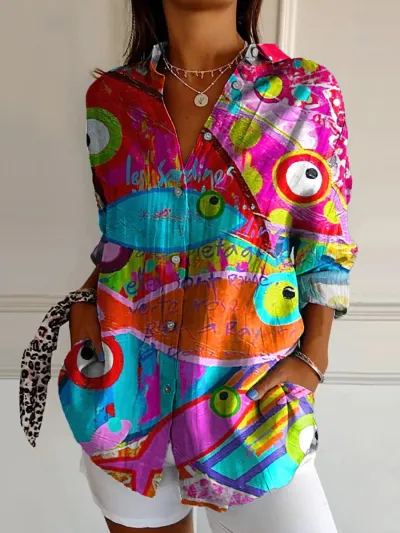 Women Fashion Casual Printed Lapel Long-Sleeve Blouse