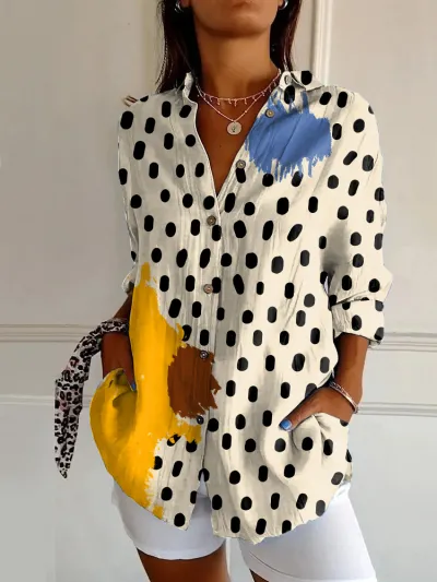 Women Fashion Casual Printed Lapel Long-Sleeve Blouse