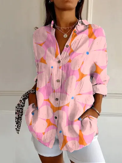 Women Fashion Casual Printed Lapel Long-Sleeve Blouse