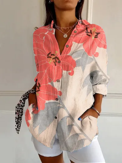 Women Fashion Casual Printed Lapel Long-Sleeve Blouse