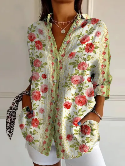 Women Fashion Casual Printed Lapel Long-Sleeve Blouse