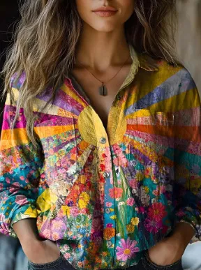 Women Fashion Casual Printed Lapel Long-Sleeve Blouse