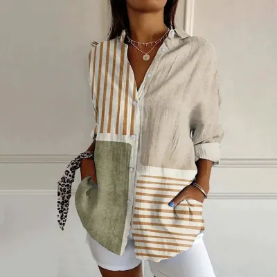 Women Fashion Casual Printed Lapel Long-Sleeve Blouse