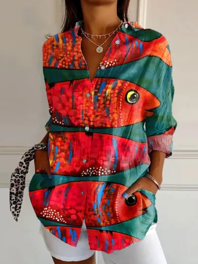 Women Fashion Casual Printed Lapel Long-Sleeve Blouse