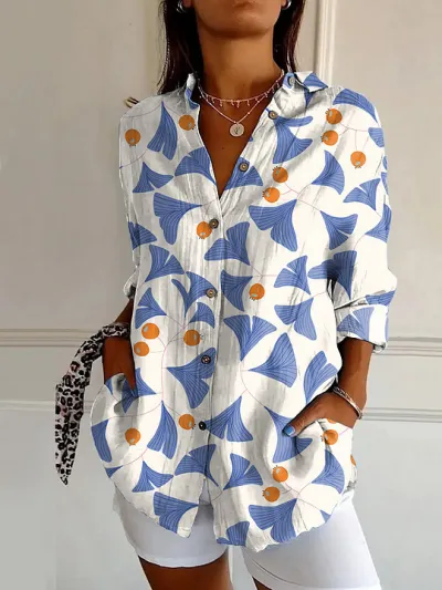 Women Fashion Casual Printed Lapel Long-Sleeve Blouse