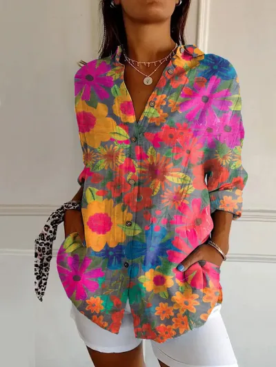 Women Fashion Casual Printed Lapel Long-Sleeve Blouse