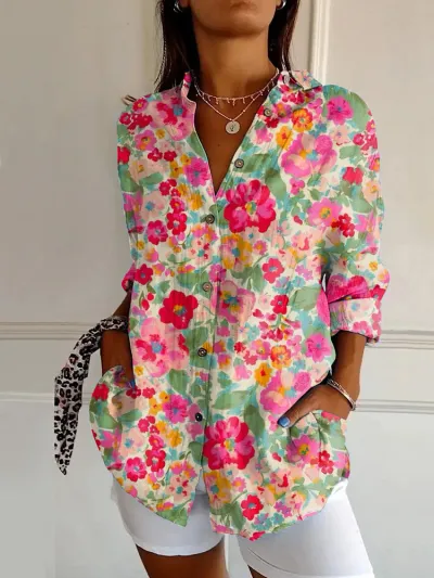 Women Fashion Casual Printed Lapel Long-Sleeve Blouse