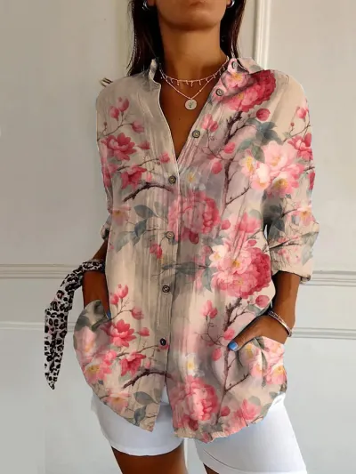 Women Fashion Casual Printed Lapel Long-Sleeve Blouse