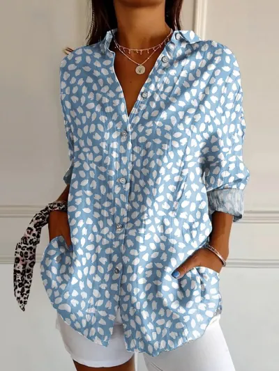 Women Fashion Casual Printed Lapel Long-Sleeve Blouse