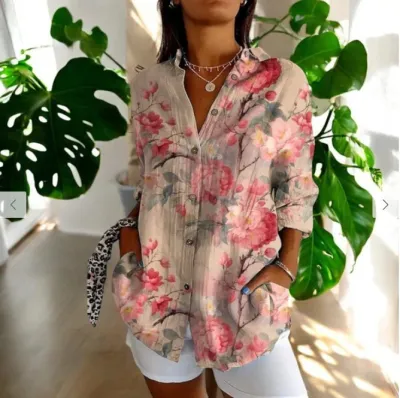 Women Fashion Casual Printed Lapel Long-Sleeve Blouse