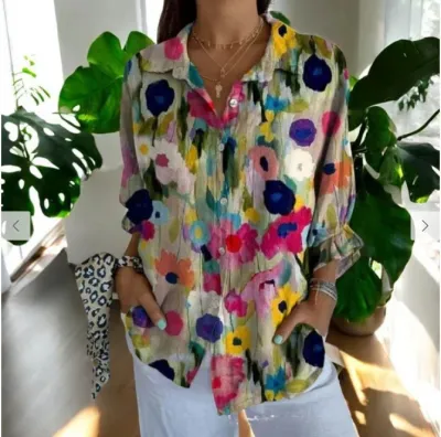 Women Fashion Casual Printed Lapel Long-Sleeve Blouse