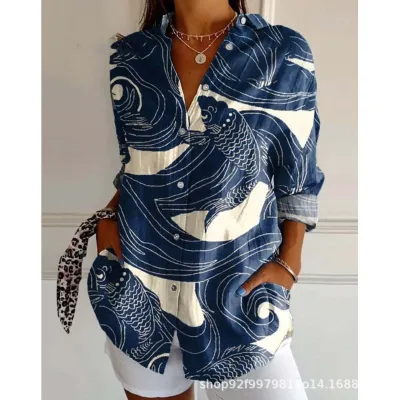 Women Fashion Casual Printed Lapel Long-Sleeve Blouse