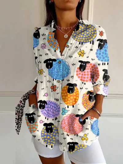 Women Fashion Casual Printed Lapel Long-Sleeve Blouse