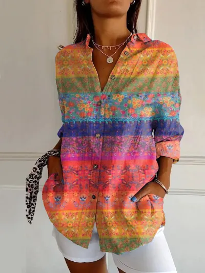 Women Fashion Casual Printed Lapel Long-Sleeve Blouse