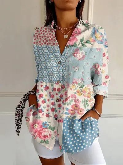 Women Fashion Casual Printed Lapel Long-Sleeve Blouse