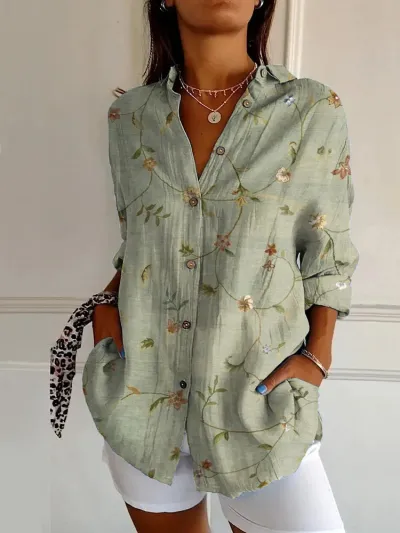Women Fashion Casual Printed Lapel Long-Sleeve Blouse